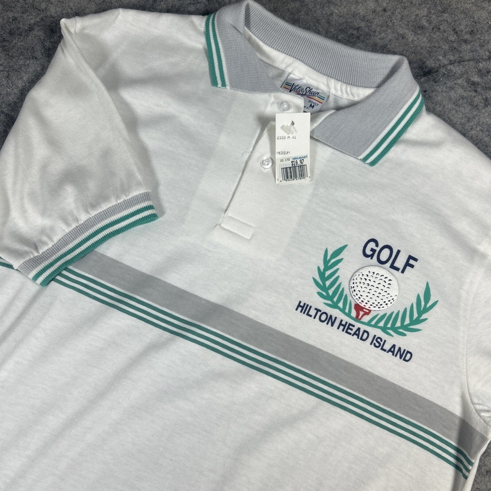 NWT Vintage 80s Hilton Head Island Medium White Golf Polo Shirt Velva Sheen USA‎
